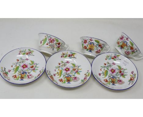Three early English hand painted tea cups with bowl saucers, slight scrapes to rims. UK P&amp;P Group 2 (£20+VAT for the firs