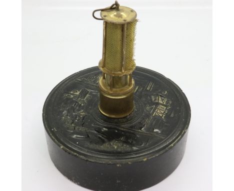 Miniature miners lamp on carved coal base, H: 11 cm. UK P&amp;P Group 1 (£16+VAT for the first lot and £2+VAT for subsequent 