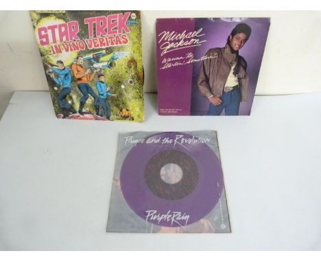 Prince purple vinyl 1999 in poly ps, Michael Jackson 45 with blank black labels and a Star Trek record 