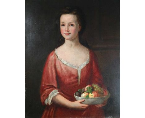 British school, Early 18th century, portrait of a young girl holding a fruitbowl. oil on canvas, 76.5 x 63.3 cm