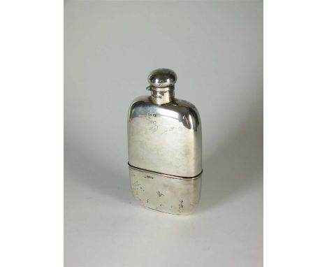 A large silver hip flask, Walker &amp; Hall, Sheffield 1917, of plain polished form with removable cup and twist and hinge co