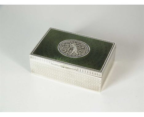 An Austrian silver and green guilloche enamel box, circa 1900, of rectangular form with engine turned green guilloche enamel 