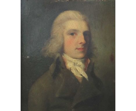 British school, late 18th century, portrait of a young gentleman, head and shoulders with powdered hair and wearing a green j