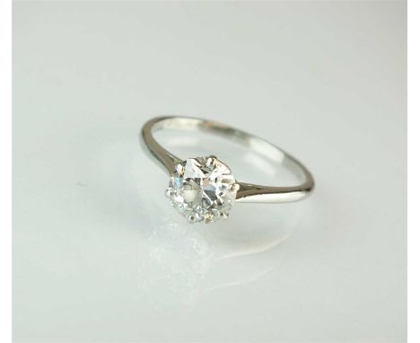 A single stone diamond ring, the transition cut diamond claw set in white metal to white metal shank, stamped 'Plat', ring si