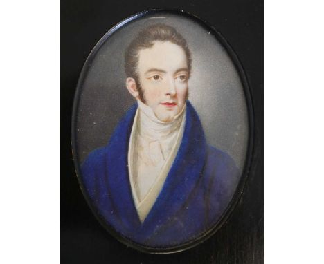 British school, early 19th century, Portrait of a gentleman, head and shoulders wearing a blue jacket and white stock, 8cm hi