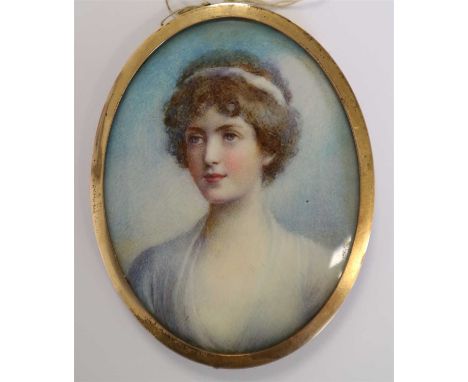 British school, 19th century, portrait miniature of a young lady, half length wearing a white dress and head band, 6.5cm high