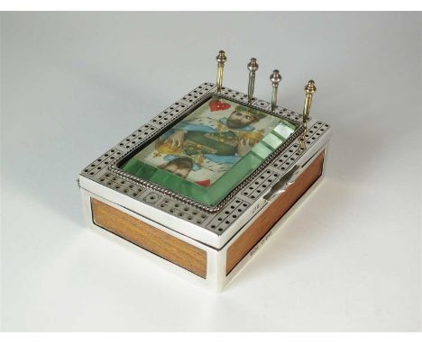 A Victorian silver mounted cribbage box, Hilliard &amp; Thompson, Chester 1897, of rectangular form with central bevelled ape