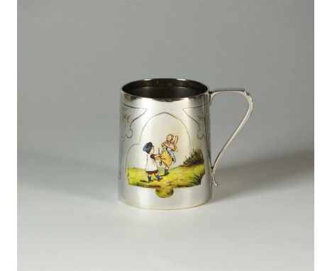 A Victorian silver and enamel Christening mug, Charles Edwards, London 1885, of tapering form with enamelled scene depicting 