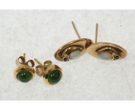 PAIR OF NEPHRITE JADE SET 9ct GOLD STUD EARRINGS, 1.2g and a PAIR OF OPAL AND SAPPHIRE SET EARRINGS