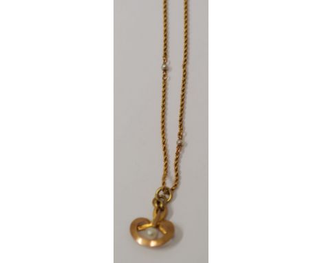 9CT GOLD ART NOUVEAU STYLE SMALL PENDANT set with a pearl and the fine rope chain necklace and the fine rope chain necklace w