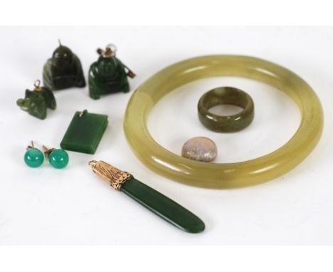 CHALCEDONY GREEN LONG PENDANT with chased silver top and hanger; pair of emerald green Jadite BANGLE and BAND RING; the orien