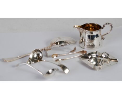 SEVEN PIECES OF VICTORIAN LATER SILVER, COMPRISING; TAPERING CREAM JUG with gilt interior, retailed by Garrards, 2 1/4" (5.5c