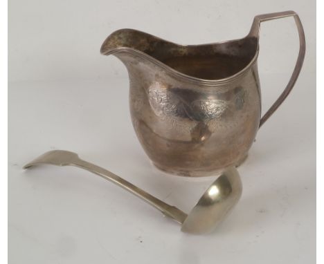 GEORGE III BRIGHT CUT SILVER MILK JUG, probably by Peter and William Bateman, of oval, bellied form with angular scroll handl