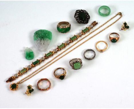 CHINESE WHITE SHADING TO GREEN CARVED AND PIERCED JADE PENDANT, a smaller DITTO, a green stone set BRACELET, a green JADE RIN