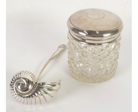 GEORGE CUT GLASS TOILET JAR, with pull off engine turned silver lid, 3 1/4" (8.3cm) high, Birmingham 1919, TOGETHER WITH AN U