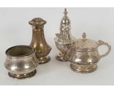 GEORGE V THREE PIECE SILVER CONDIMENT SET, of circular, pedestal form, with frosted glass liners to the open salt and lidded 