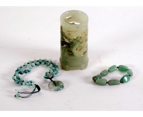 MODERN CHINESE CELADON JADE CARVED AND PIERCED CYLINDRICAL VASE, a grey shading to green JADE 42 BEAD NECKLACE with DISC PEND