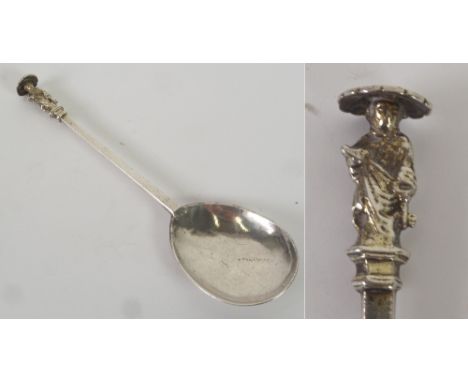 SEVENTEENTH CENTURY SILVER APOSTLE SPOON, unmarked, the reverse of the bowl pricked with initials and indistinct dates 1609 a