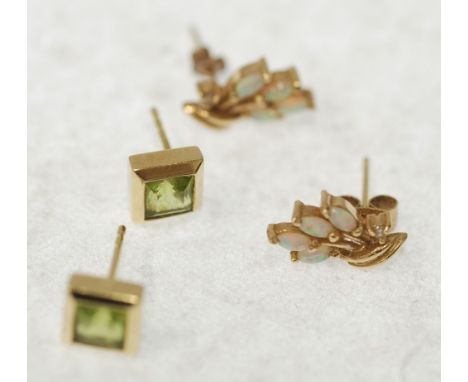 PAIR OF SQUARE CUT PERIDOT SET 14ct GOLD STUD EARRINGS, 2g and a PAIR OF OPAL AND DIAMOND SET EARRINGS