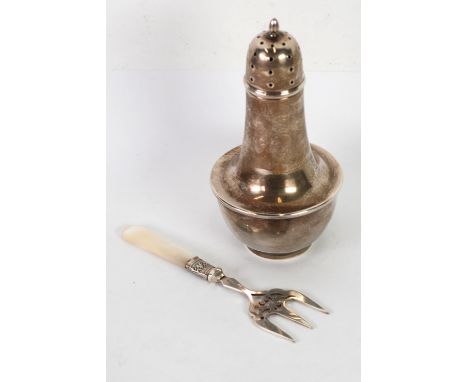 SILVER SUGAR CASTOR with bakelite lining, lighthouse shaped with cup shaped lower portion, 6 1/4" high, Birmingham 1937 and a