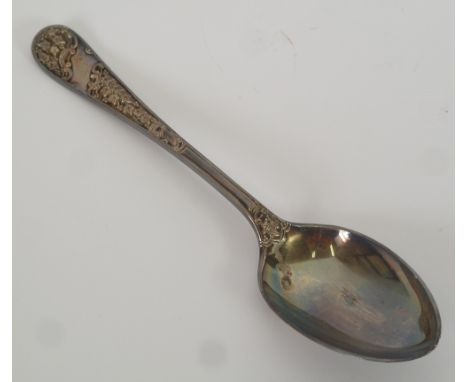 LATE VICTORIAN CASED SILVER CHRISTENING SPOON, by James Deakin and Sons, with vine engraved decoration, Sheffield 1898, 1898,