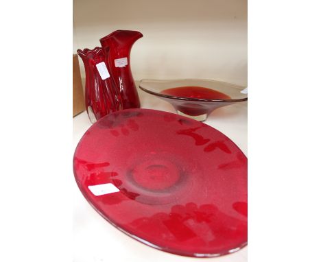 A collection of Whitefriars glass vases including Geoffrey Baxter designs, jug 9508, ruby vase circa 1978, 9872, large pulled