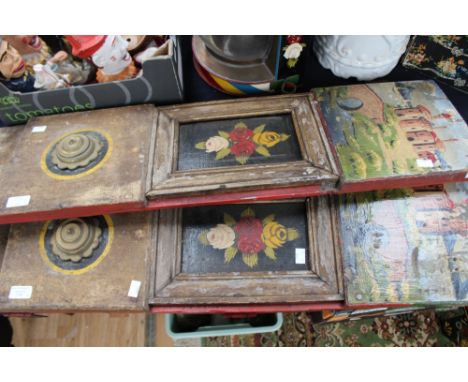 Canal interest, a pair of Bargeware wooden door panels, circa 1900, with roundel and brightly painted detail; together with a