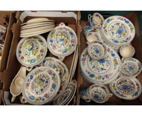A Masons Regency Ironstone Dinner Service, comprising tureen, lidded vegetable dishes, dinner plates, dessert plates, cups, s