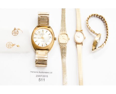 A 'Geneve' 14k gold cased lady's wristwatch with square dial, baton movement, textured bracelet, together with three gilt met
