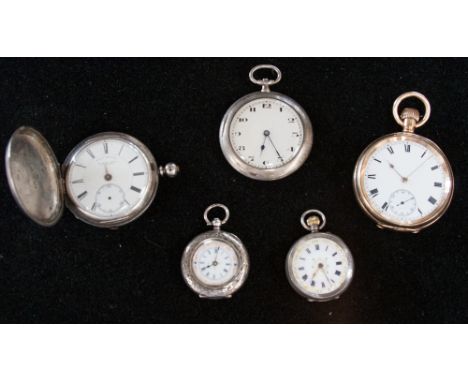 A ladies .935 silver pocket watch with enamel dial decoration, a Dennison rolled gold pocket watch, a silver Hunter pocket wa