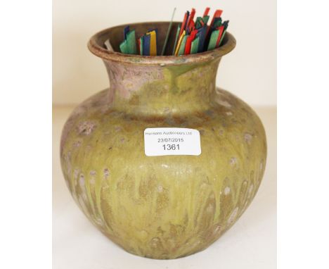 A Studio Pottery vase with drip pour glaze over red body, inscription to base E. AUV (Ault?) 