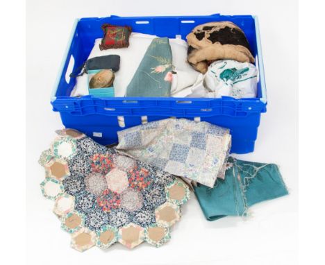 Four white embossed curtains six items of patchwork by Liberty and two misc items of cotton fabric pieces, one damaged muff (