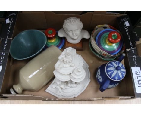 Two boxes of assorted ceramics, including a pair of Carltonware short Art Deco candlesticks, a Parian wall shelf, a Parian an