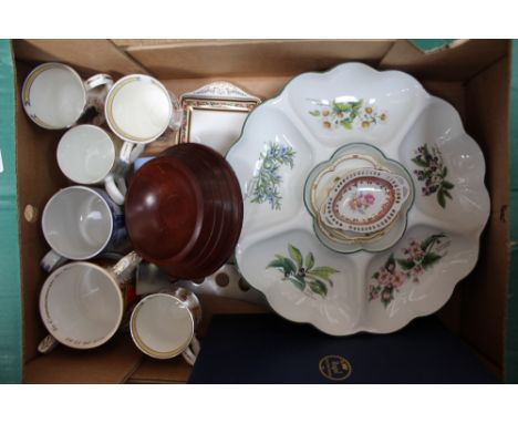 A box of ceramics to include Royal Crown Derby Posies, boxed Wedgwood, Royal Worcester, Commemorative mugs, etc 