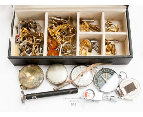 Assorted cufflinks including two pairs of silver cufflinks 'silver' rings stamped 925, bar and pin tie clips, compasses, etc 