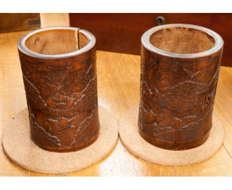 A pair of 19 century oriental carved bamboo brush pots (with photo of mariner who brought them back and Mariners Register Tic