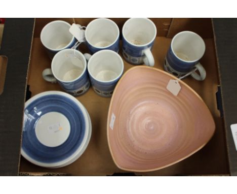 A Cinque Ports, Rye pottery coffee set for six, circa 1960, including cups and saucers, blue and black dot pattern, together 