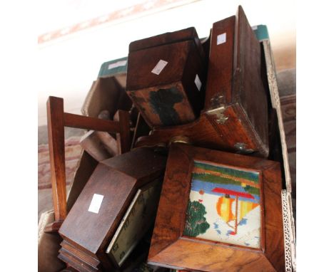 A box of treen including a Victorian rosewood tea caddy, mantel clock, photo frame, work boxes, etc 