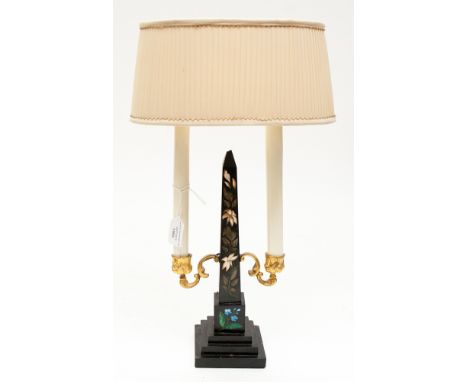 A Victorian Ashford marble obelisk table lamp, c.1880, height 30cm excluding shade (s.d)