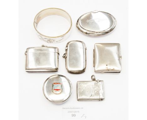 Three silver vesta cases, two lidded trinkets, a bangle and pocket razor (7)