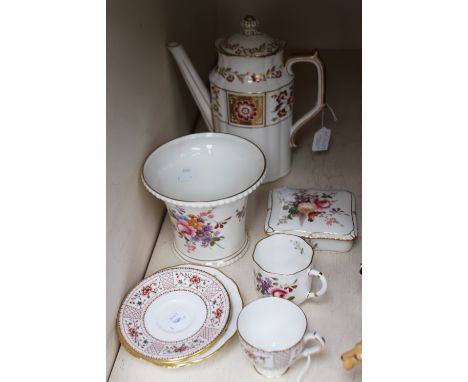 Royal Crown Derby, A Red Derby panel coffee pot (2nd) coffee can 'posies' and saucer, box and cover 'posies' coffee can/sauce