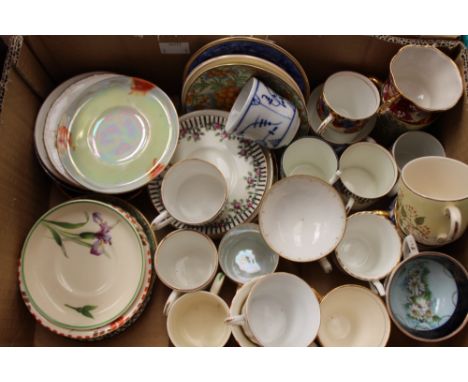 A box of small coffee cans with saucers, tea cups with saucers, including Windsor, Coalport, etc (one box) 