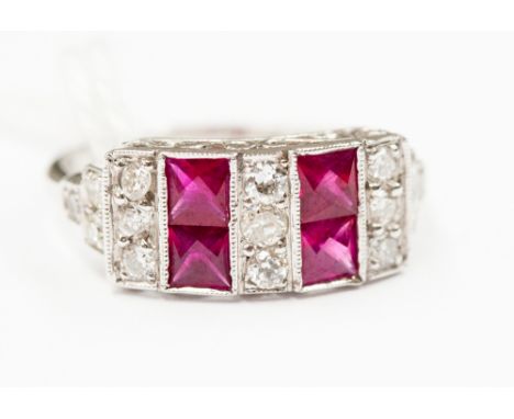 Art Deco style ruby and diamond ring, band marked 18 ct, a row of alternating diamonds and square cut rubies, millegrain set 