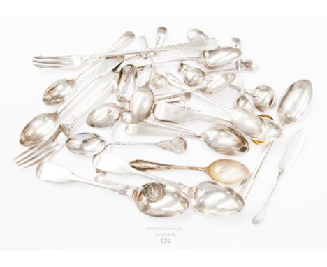 A parcel of Georgian, Victorian and 20th Century silver teaspoons, condiment spoons, pickle fork, etc, various dates and make
