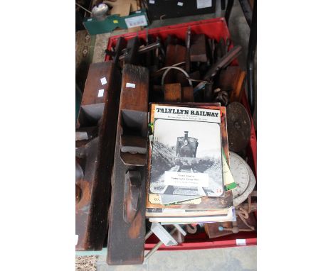 A good collection of wooden planes, late 19th/early 20th Century; together with other woodworking tools, in red large plastic