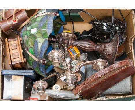 A box of various items, including a candelabra, jockey field glasses, plated and glass mounted salad servers, a spoon and for