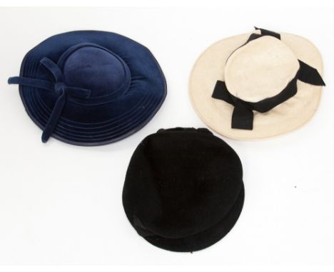 Three 1940s original hats, one black helmet hat, one straw with back band and one new look velvet saucer hat (3)