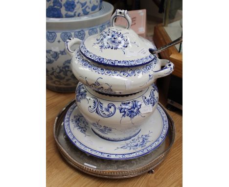 A Portuguese hand painted blue and white ceramics including soup tureen and cover, together with an EPNS circular tray and la