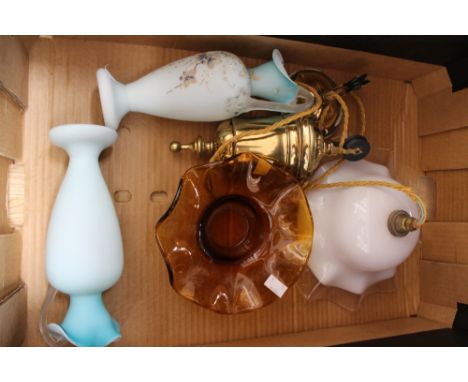 A brass pully ceiling light fitting, with glass shade, two enamelled pictures, etc 