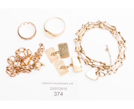 A pair of 9ct gold cufflinks, two link bracelets, a signet ring and another ring, 30.6 grams approx 